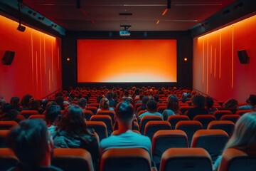 Fototapeta premium Audience members relax in a cozy theater, watching a captivating film on a large screen with ambient lighting enhancing the atmosphere. Generative AI