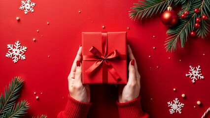 Woman's hands holding a gift box on a red background. Christmas gifts. Holiday mood. Flat lay, top view. Copy space