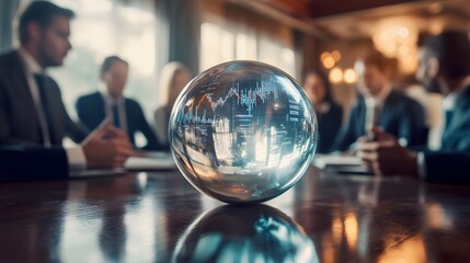 A crystal globe symbolizes global business strategy at a corporate meeting with professionals discussing economic growth.