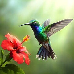 Fototapeta premium Vibrant Hummingbird Hovering Near Red Flower Petals
