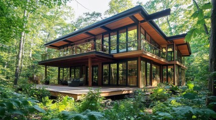 A modern eco-friendly bamboo home with large open windows and a wraparound deck, nestled in a forest setting, combining sustainability with sleek design.