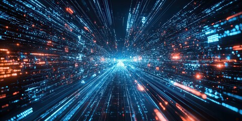  High-speed digital data streams converging toward center, representing fast-paced technology, data transfer, and futuristic connectivity in an illuminated, cyber environment.