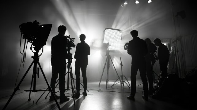 Silhouettes of Film Crew in Dramatic Lighting