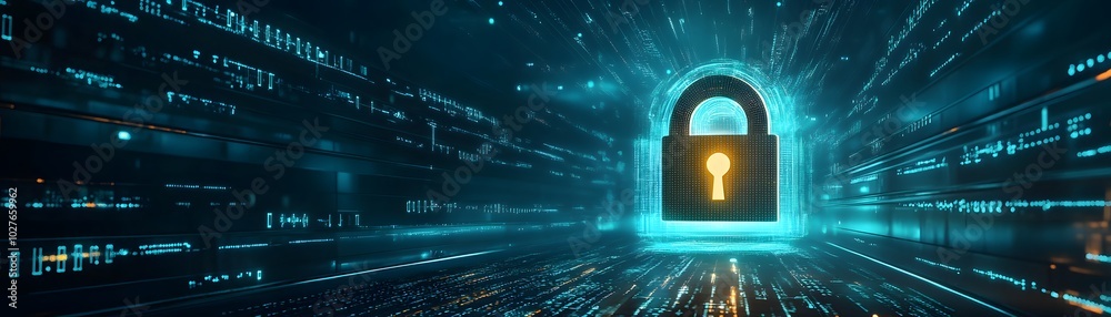 Poster a digital padlock symbolizing cybersecurity and data protection, surrounded by glowing binary code i