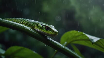 Obraz premium A green snake with red eyes rests on a branch in the rain.