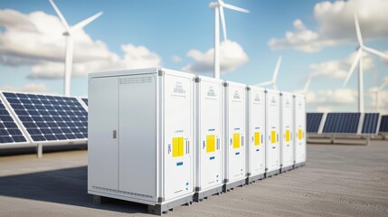 Battery storage systems with solar panels and wind turbines, renewable energy landscape, Li-ion battery technology, futuristic energy grid, bright sky background