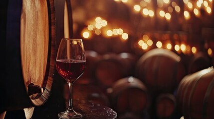 Elegant Wine Glass Surrounded by Barrels and Lights