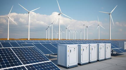Battery storage systems with solar panels and wind turbines, renewable energy landscape, Li-ion battery technology, futuristic energy grid, bright sky background