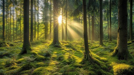 Sunlight Filtering Through Spruce Trees in Deister Forest