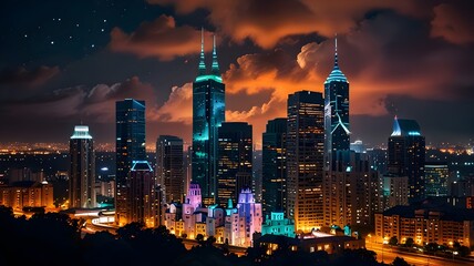 A vibrant, futuristic cityscape shaped like a cloud, with colorful buildings and glowing lights. Set against a dark background, the city appears to float among fluffy white clouds.