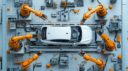 Top view of a car on an assembly line with robotic arms working, futuristic automotive factory, advanced robotics in manufacturing, industrial automation concept