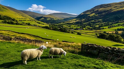 Naklejka premium Sheep Grazing in Lush Green Valley with Stone Walls and Mountains