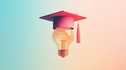 Light bulb wearing a graduation cap on a colorful background.