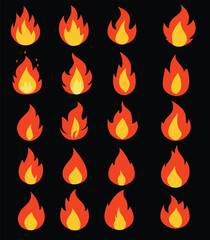 Vector Illustration of fire icon, fire icon set with black background. simple fire icon flat design. 20 fire icons