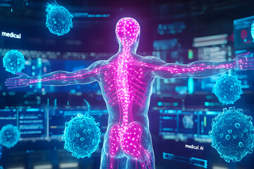 View of a computer screen with a human patient with his holographic representation of modern research technique in oncology clinical research hospital. Steam cells. AI