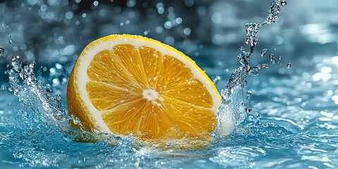  Lemon slice with bright yellow hue crashing into turquoise water, cool, refreshing blue splashes perfectly complementing warm citrus tones, resulting in vivid and balanced composition.