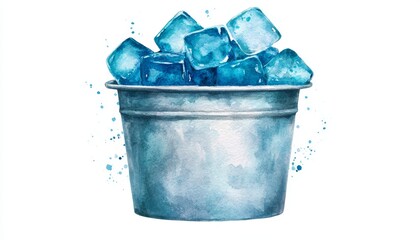 Metal bucket filled with ice cubes, isolated on a white background.