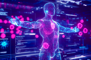 Holographic view of a human body for cancer cell diagnosis in modern clinical research hospital for cancer cells in oncology. AI
