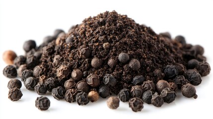 A small heap of ground black pepper with whole peppercorns nearby, scattered on a white background