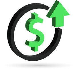 3D Cost rising icon with dollar symbol.