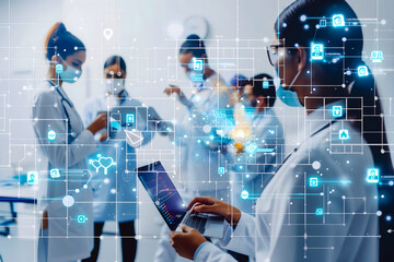 Healthcare professionals using new technologies for meetings, training of clinical staff and patient treatments. AI 