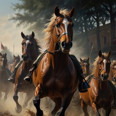 Obraz premium A group of chestnut horses gallops towards the viewer with dust flying behind them, they are in a field with trees and a building in the background.