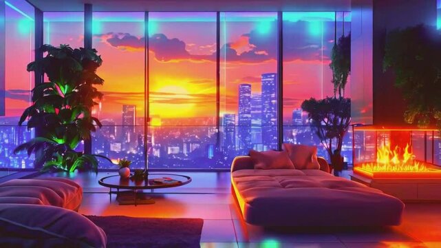 cozy loft apartment rooftop view city at sunset vtuber asset twitch zoom OBS, anime chill hip hop. cyan purple colors manga style, loop animation, virtual stream overlay, wallpaper cozy room interior