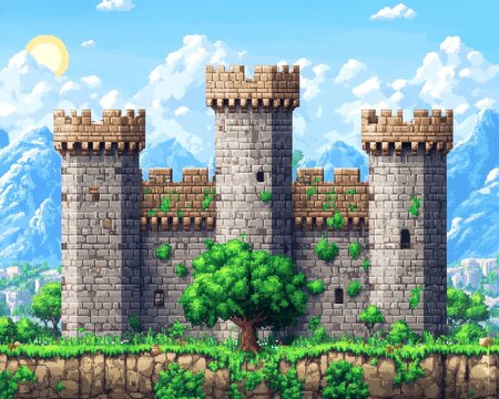 Stone castle towers on a cliff overlooking a pixelated landscape with a sunny sky and clouds