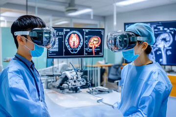 Asian ethnicity surgeon doctors in a hospital operating room wearing VR virtual reality glasses preparing to operate on a patient with new advanced technology. AI