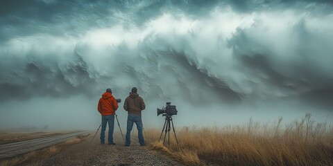  Storm chasers standing on desolate road with their equipment, observing massive wall of clouds ahead as hurricane approaches.