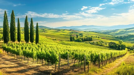 Obraz premium Scenic Vineyard Landscape with Cypress Trees in Tuscany