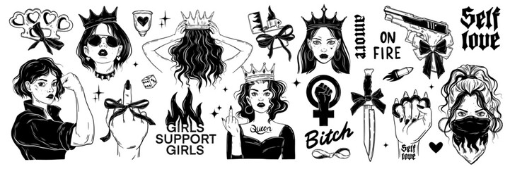 Feminism woman power illustration set, vector female queen portrait, strong girl logotype ribbon bow. Vintage hand drawn protest activism sign, freedom feminine knife tattoo. Feminism power sticker