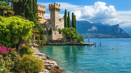 Naklejka premium Scenic View of Rocca Scaligera Castle by the Lake