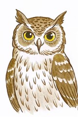 Obraz premium Owl with Large Yellow Eyes and Brown-White Feathers on White Background
