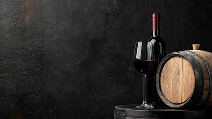 Elegant Wine Bottle and Glass Beside Wooden Barrel