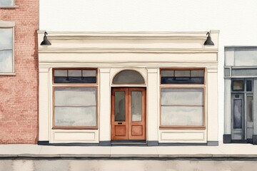 Stylish store front with wooden door, white isolate background