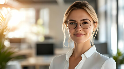 Fototapeta premium A confident woman in glasses smiles in a modern office setting, conveying professionalism.