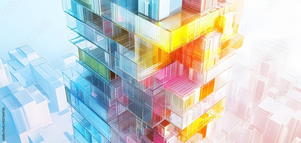 Poster a vibrant abstract composition showcasing a stack of translucent cubes, reflecting light and color i
