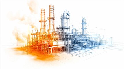 An industrial facility illustrated with orange and blue tones, featuring tall chimneys and complex structures, symbolizing energy production and manufacturing.
