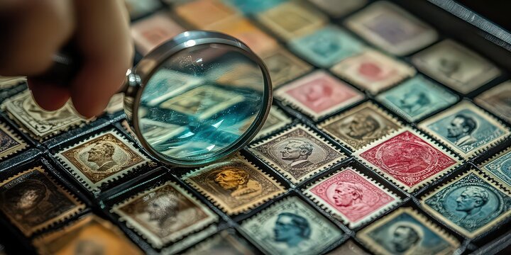  Person holding magnifying glass over collection of rare stamps, carefully organizing them in album.