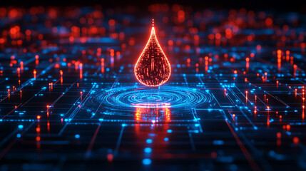 digital water drop icon features cascading binary code, symbolizing the fusion of technology and nature, representing data flow and innovation in the digital age