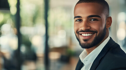A smiling man in a suit, exuding confidence and professionalism in a modern setting.
