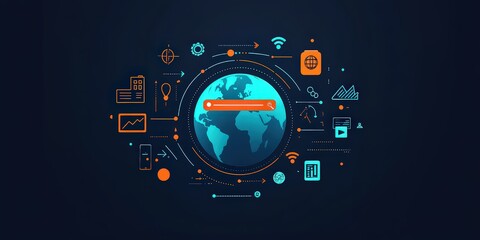 Naklejka premium Digital representation of global connectivity with Earth surrounded by icons of various technologies, showcasing modern innovations in communication, data, and security.