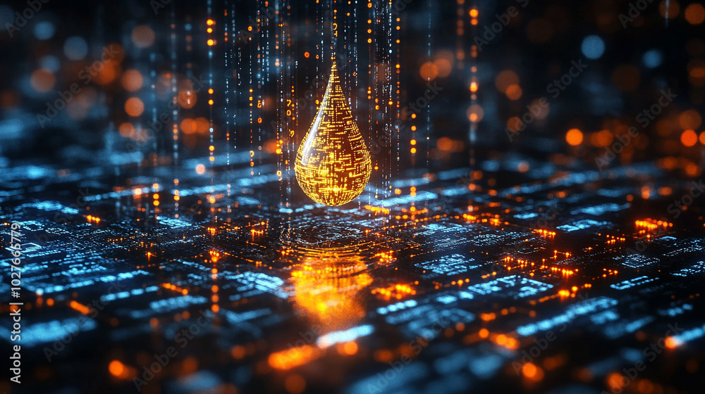 Poster digital water drop icon features cascading binary code, symbolizing the fusion of technology and nat