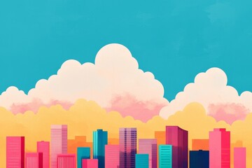 Fototapeta premium Vibrant city skyline with colorful buildings against a bright sky.