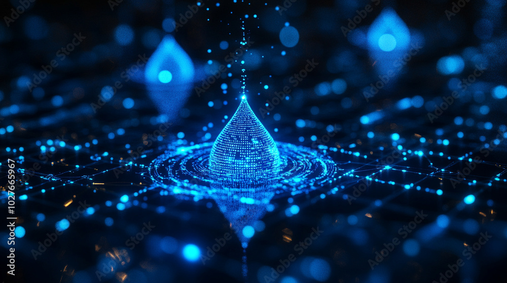 Poster digital water drop icon features cascading binary code, symbolizing the fusion of technology and nat