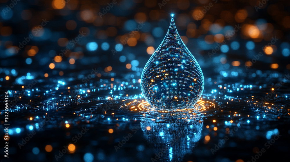 Poster digital water drop icon features cascading binary code, symbolizing the fusion of technology and nature, representing data flow and innovation in the digital age