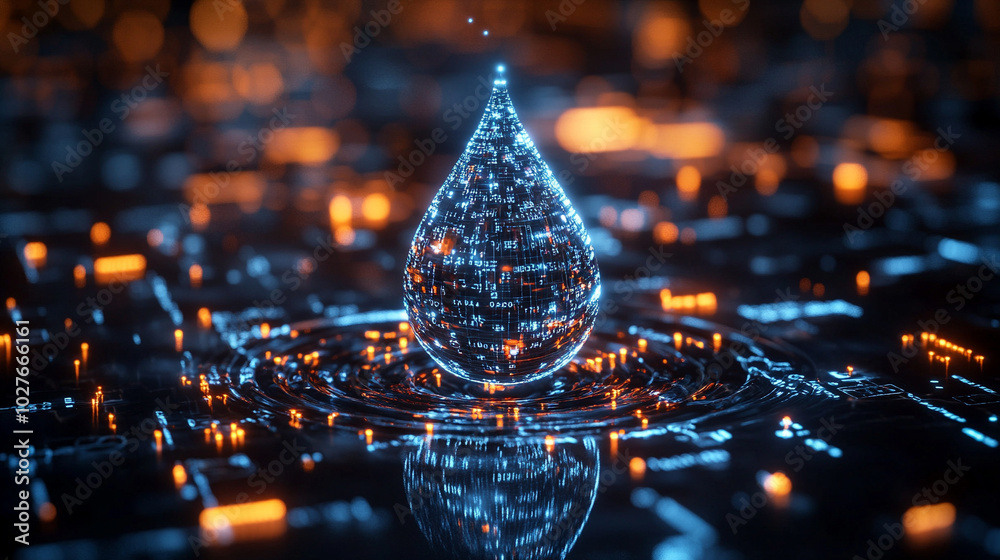 Poster digital water drop icon features cascading binary code, symbolizing the fusion of technology and nat
