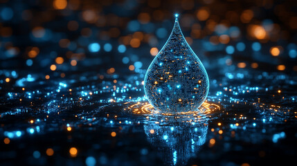 digital water drop icon features cascading binary code, symbolizing the fusion of technology and nature, representing data flow and innovation in the digital age
