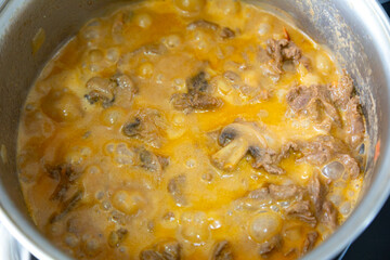 Traditional filet mignon stroganoff with mushrooms, French fries and rice